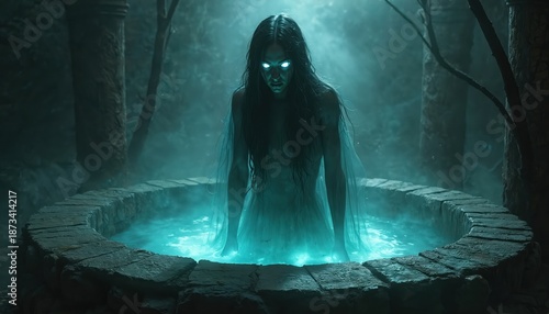 Ghost emerges from well with glowing eyes. Woman looks scary, mysterious. Supernatural apparition concept in ancient stone interior at night. Perfect for Halloween, horror, mystery story dark fantasy.
