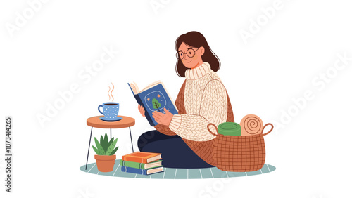 Charming illustration of a woman with glasses reading a book in a cozy setting, with a warm drink and a plant nearby.