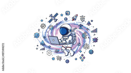 Innovative illustration of an astronaut floating in space, actively working on a laptop, surrounded by futuristic technology and cosmic elements.