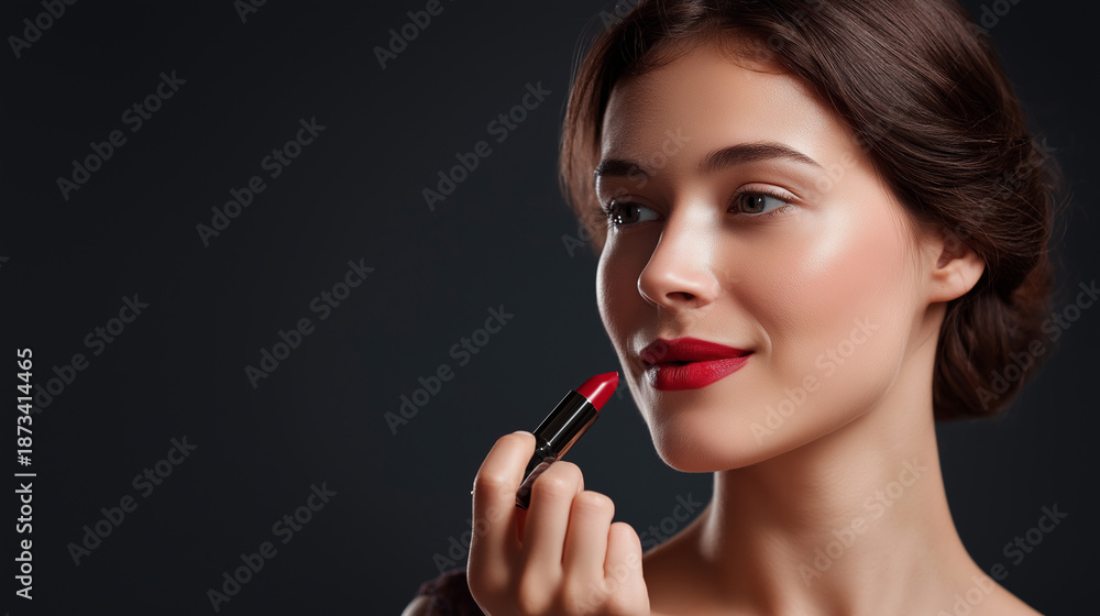 Fototapeta premium Faceless young woman applying red lipstick on color background makeup application stock photo lip color beauty routine cosmetic enhancement defocused background with copy spa