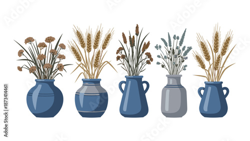 A harmonious collection of five elegant blue vases, each filled with unique arrangements of dried wheat and wildflowers, isolated on white.