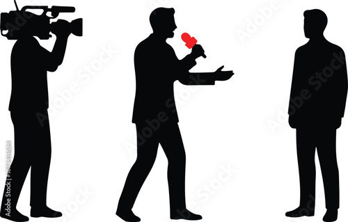 A broadcast news team, featuring a reporter, cameraman, and an interviewee, captures a significant event