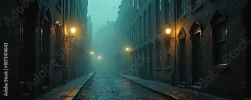Wallpaper Mural Foggy Victorian London street at night. Cobblestone road, gas lamps illuminate dark alleyways. Mysterious atmosphere suggests crime and intrigue, historical setting. Torontodigital.ca