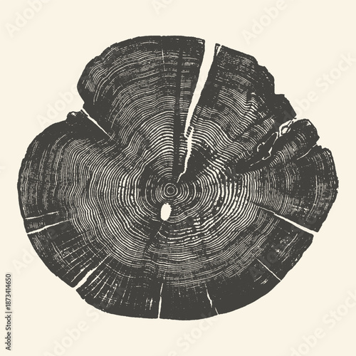 Handcrafted Wood Grain Tree Trunk Slice Illustration with Natural Cracks. Textured Woodcut Print for Rustic Design.