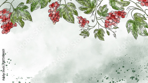 Watercolor banner with green grape clusters and vine leaves on soft background. Elegant food wine illustration for menu design, winery branding, packaging, invitations, and vineyard promotions.