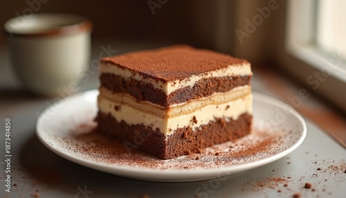 Slice of tiramisu cake on round plate. Dessert made with coffee soaked layers, mascarpone cream and cocoa powder dusting. Sweet dessert close up view. Cup and window on blurred background. © miss irine