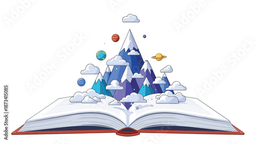 Enchanting open book with vibrant mountain peaks, floating clouds, and planets emerging from its pages, symbolizing imagination and storytelling.