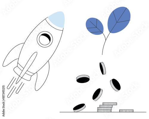 A cartoon rocket ship blasts off into the sky with coins and a plant growing nearby