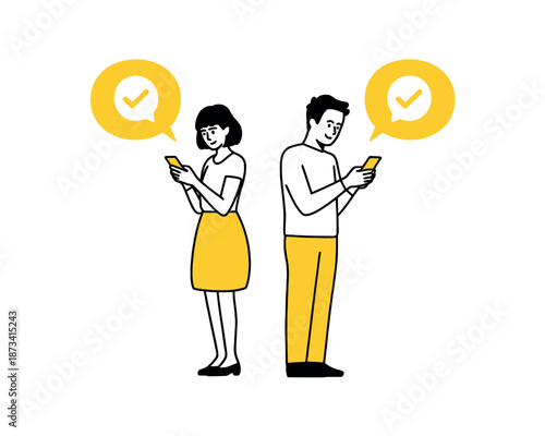 A man and woman stand apart while checking their phones with speech bubbles above them