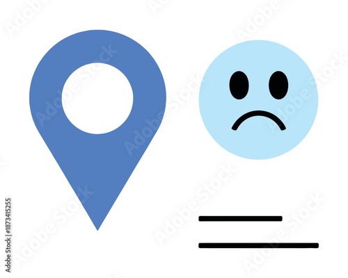 A blue location pin icon next to a sad face emoticon on a white background