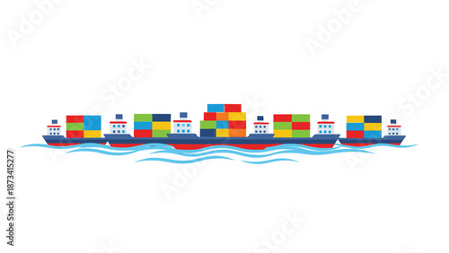 Impressive fleet of four container ships, laden with vibrant multi-colored cargo, sailing gracefully across choppy blue waves.