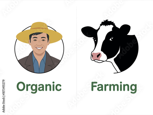 An illustration representing organic farming with a farmer and a cow