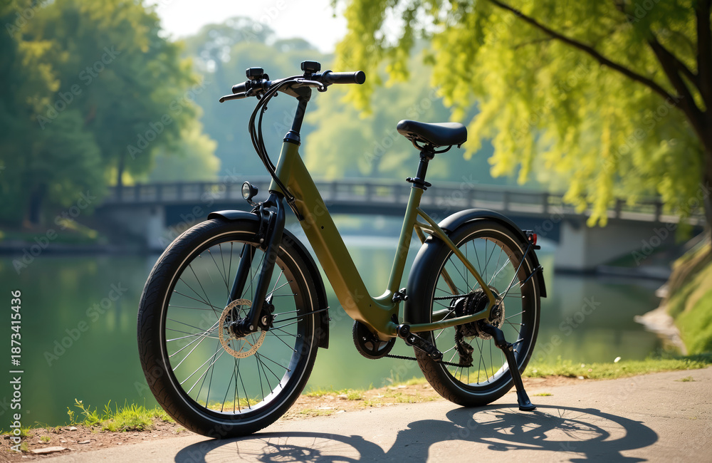 Fototapeta premium Modern green e-bike stands on a sunny park path. Electric bicycle is ready for ride near water with a bridge and green trees in background. Eco friendly transport for urban cycling and recreation.