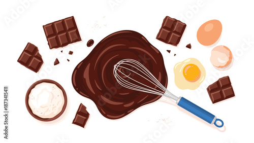 Mouth-watering array of chocolate baking ingredients including melted chocolate, broken bars, flour, and eggs, arranged with a whisk on a white background.