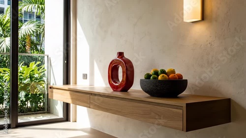 Modern Wooden Console Table Displaying Vibrant Citrus Fruits In A Textured Bowl And A Sleek Red Vase With Natural Sunlight Streaming Through A Large Window