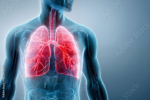Transparent human torso shows internal organs with emphasis on lungs and respiratory structure in a medical setting