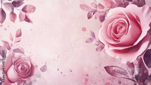 A beautiful pink rose background with leaves and flowers for a romantic and elegant design Valentine day Special