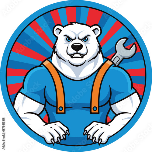 Furious polar bear mechanic mascot showcasing strength with a trusty wrench