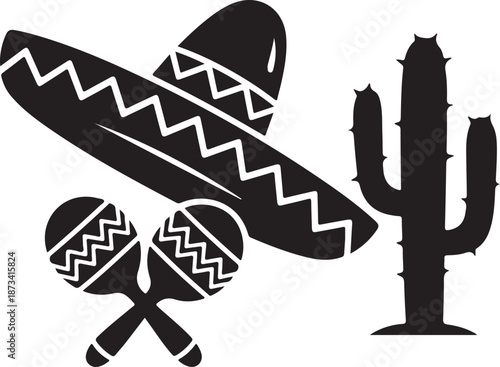 Mexican fiesta collection featuring a sombrero, maracas, and a desert cactus symbol