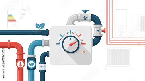 Colorful and complex heating and plumbing system with a prominent central temperature control dial, highlighting modern energy solutions.