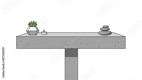 A sleek, minimalist concrete table featuring a small potted succulent plant and a calming stack of smooth grey zen stones.