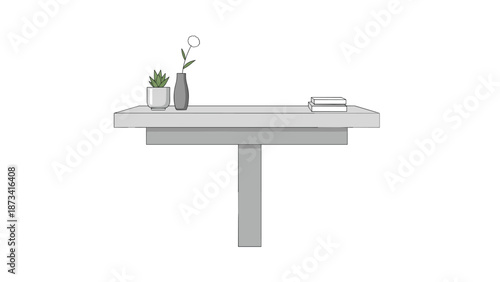 A clean, simple white table adorned with a tiny potted succulent, a vase holding a single delicate white flower, and two books.