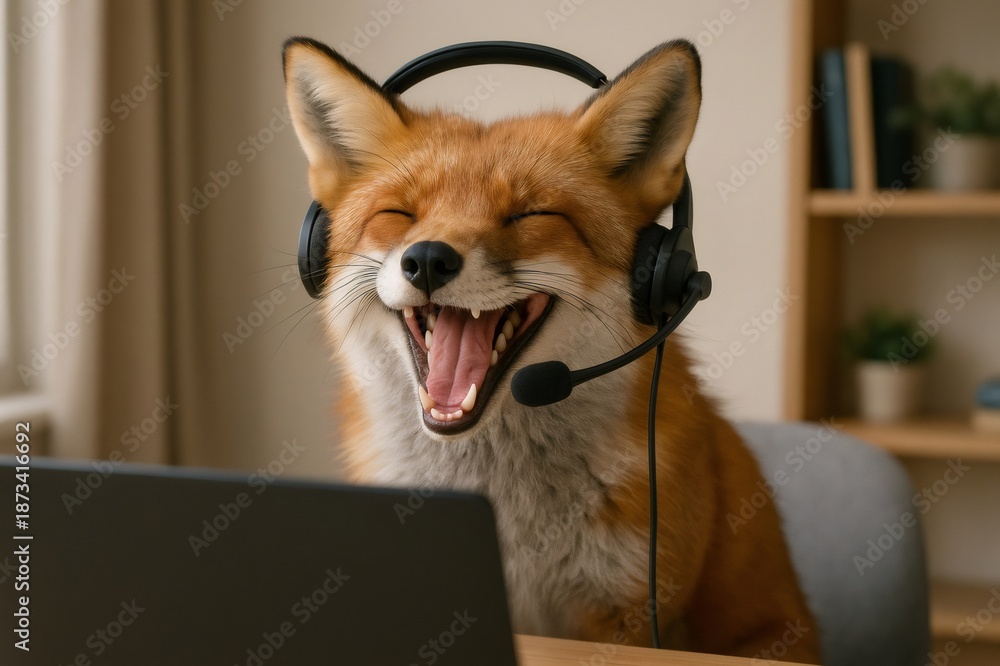 Fototapeta premium Fox wearing a headset with a microphone, sitting at a desk with a laptop, laughing and enjoying remote work