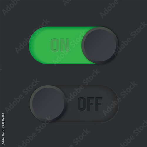 Toggle switch with ON and OFF state in dark UI style for setting, dashboard, control panel and user interface design elements for web and mobile app