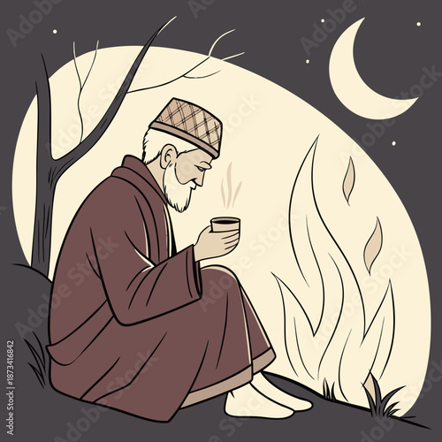 Elderly bearded man sitting by fire with cup, night solitude reflection illustration