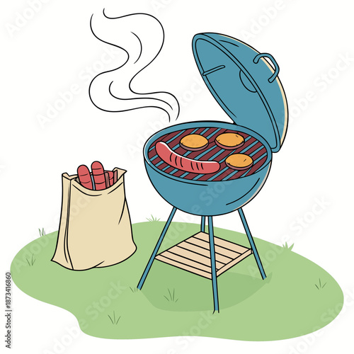 Blue kettle barbecue grill cooking sausage patties hot dogs, summer cookout cartoon