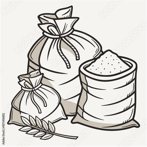 Black and white drawing depicting several burlap sacks filled with grainy material like flour or sugar alongside a small stalk of wheat or grain crop illustrating harvest or baking ingredients