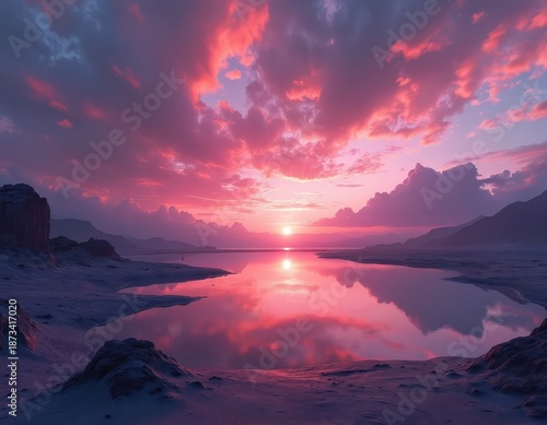 Dreamlike sunset scenery reflects in tranquil lake. Fiery pink clouds fill the sky creating a magical panorama. Stunning nature landscape features mountains horizon at dusk.