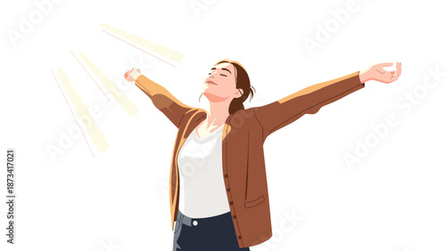 A joyful woman with arms outstretched and eyes closed, facing upward to embrace warm sunbeams, symbolizing freedom and happiness.