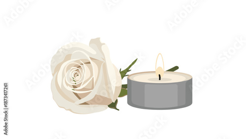 A delicate white rose peacefully lies beside a small, glowing tea light candle, evoking a sense of tranquility and remembrance.