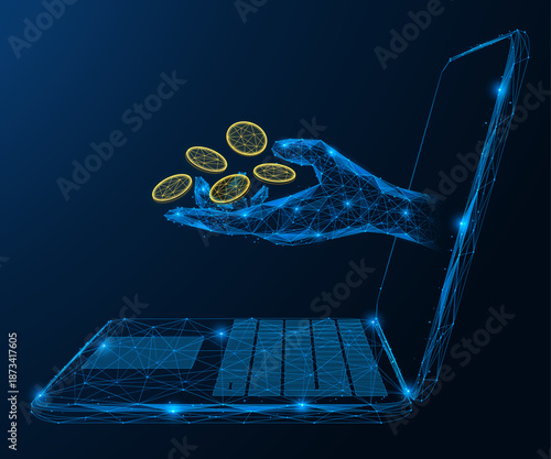 A source of online income. A hand coming out of a laptop and giving away gold coins. The concept of monetization of digital solutions. Polygonal design, blue background.