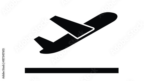 A simple black silhouette of an airplane taking off over a runway is shown