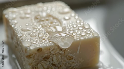 Natural Oatmeal Soap Bar Washed With Clear Water Creating Many Small Bubbles In Soft Overhead Lighting With A Shallow Depth Of Field And Macro Detail