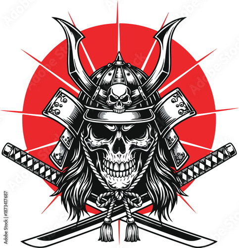 Ferocious samurai skull warrior with crossed katanas and rising sun background