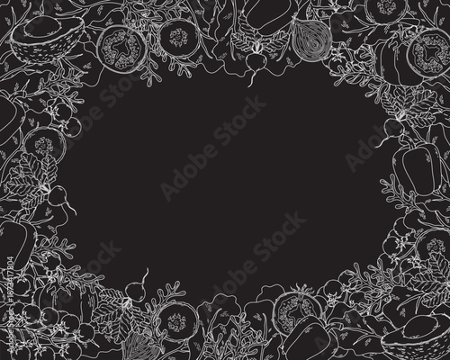 Black and white vector frame with different vegetables 