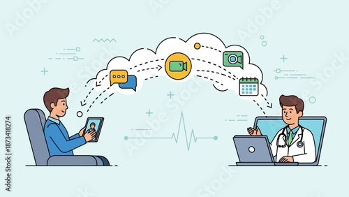 A doctor and patient interacting with digital icons in a cloud representing data exchange and healthcare technology