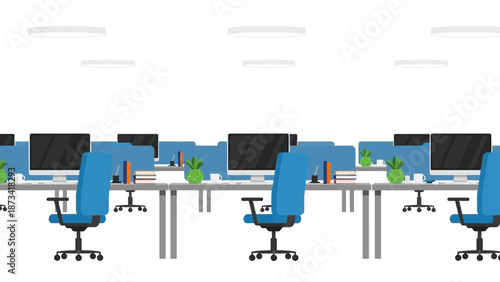 Modern office space with blue chairs, computers, and plants in a clean, minimalist environment viewed from the front.