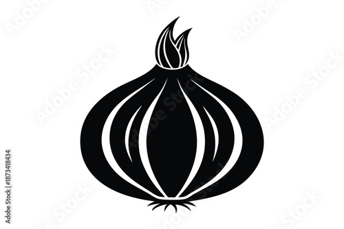A single onion in black and white silhouette, vector illustration on a plain white background
