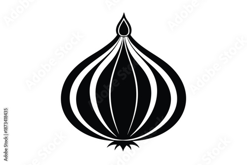 Onion silhouette, stark black and white vector graphic, isolated on a clean white background