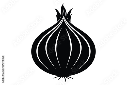 Vector silhouette of one onion, striking black and white design against a white backdrop