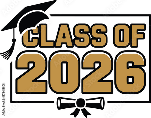 Graduation class of 2026 icon with cap and diploma, education symbol