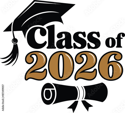 Graduation class of 2026 logo with cap and diploma, school emblem