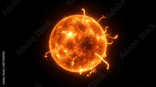 The sun glows intensely with fiery prominences extending outwards. This celestial body radiates immense energy in the vast darkness.