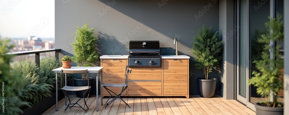 Obraz premium Modern urban balcony outdoor kitchen setup features sleek grill, convenient sink, stylish wooden cabinets. Compact dining table, chairs with potted green plants create cozy atmosphere. Cityscape view