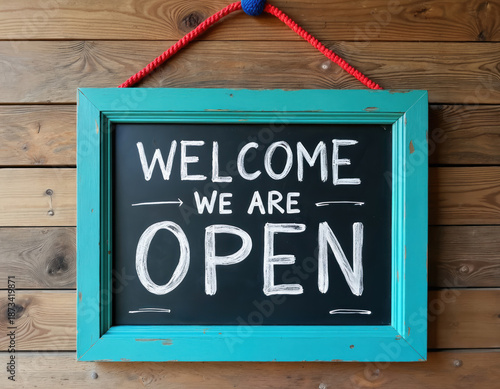 Welcome we are open inscription on blackboard. Sign displays opening times. Door sign hangs on wood wall background. Store is ready to service customers. Small business concept.