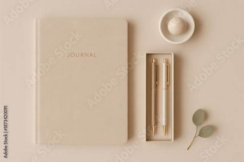 Neutral colored journal and elegant pen set arranged subtly on a pastel background, enhancing concepts of planning and writing